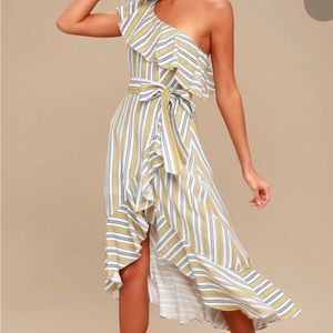 Lulus High Tide Yellow Striped One Shoulder MIDI Dress